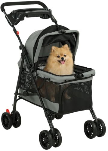 PawHut Poussette pour Chien 4 Roues EVA Pliable pour Petits Chiens Gris | Chariot, Fenêtres en Maille, Frein, Laisses de Sécurité, Coussin Amovible, Plateau de Rangement, Porte-Gobelet