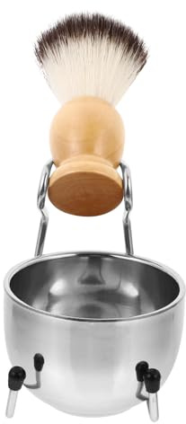 POPETPOP Kit de Rasage Homme avec Pinceau à Raser et Bol en Acier Inoxydable et Bois, Support Inclus, Facilite le Rasage et Exfolie la Peau, 1 Set Argent