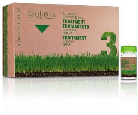 SALERM - Tratamiento Pelo Graso - Tratamiento Intensivo Grasa Biokera Natura - 6 x 10 ml - Loción Intensiva para Cabellos Grasos - con Proteínas, Aminoácidos y Levadura de Cerveza - Seborregulador