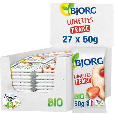 BJORG - Lunettes Fraise - Biscuits Bio - À la Farine Complète d’Épeautre - Sans Huile de Palme - 27 x 50 g