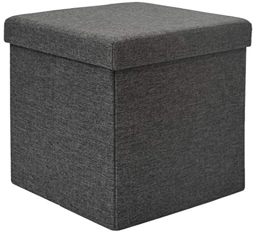 DuneDesign Sitzhocker mit Stauraum - Polsterhocker mit Deckel Aufbewahrungsbox 38x38x38cm 42L - Sitzwürfel Leinen-Optik dunkelgrau - Sitzwürfel faltbar