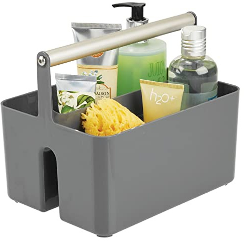 mDesign Badezimmer Aufbewahrungsbox – Korb mit Griff zur Kosmetikaufbewahrung – Bad Organizer mit zwei Fächern – dunkelgrau/mattsilberfarben