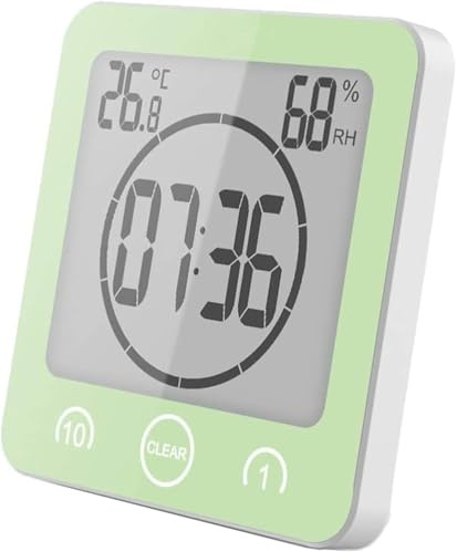 VORRINC Reloj de Baño, Despertador Digital, Temperatura Humedad Reloj Digital Reloj Temporizador, Alarma Impermeable Temporizador de Cuenta Regresiva, LCD Control Táctil, para Baño de Cocina (Verde)