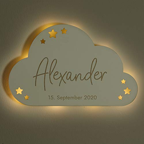 LAUBLUST LED Schlummerlicht Baby - Wolke Design, Weiß - Personalisiertes Geschenk zur Geburt & Taufe | Serie: Niers