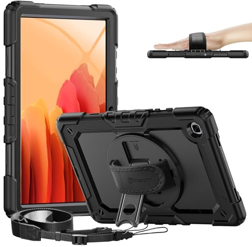 Timecity Hülle für Samsung Galaxy Tab A7 10,4 Zoll 2022/2020 - Schwarz | Stoßfeste Schutzhülle, mit 360°-Drehbarer-Ständer, Handschlaufe, Schultergurt, Stifthalter (Modell:SM-T500/ T505/ T507)