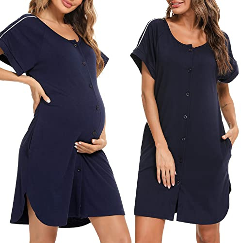 iClosam Chemise de Nuit Maternité Coton Boutonnée pour Allaitement | Chemise de Nuit Maternité, Coton Doux, Respirabilité Agréable, Souplesse Naturelle, Grossesse Et Repos, Usage Toute L'Année