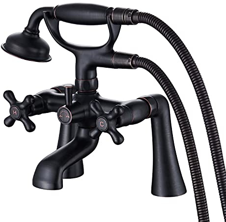 Deck Mount Clawfoot Tub Faucet Kit, 2 Hole High Flow Deck Mount Tub Faucet with Sprayer, 6.85 Center, Oil Rubbed Bronze Vintage Bathtub Faucets for Clawfoot Tub, with Valve, with Handheld Shower