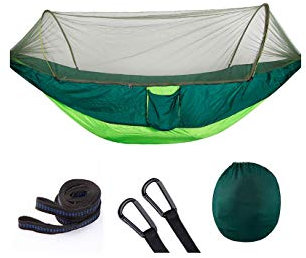 Grupo K-2 Riscko Hamaca con Mosquitero Azul y Verde de Nylon y Tela de Paracaídas Ligera con Malla y Cremallera Reversible para Camping de 290cm x 140xm Secado Rápido, Correas de Nylon Incluidas