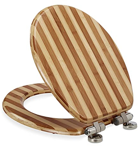Relaxdays WC-Sitz mit Absenkautomatik, WC Sitz oval, einfach abnehmbar, gestreifte Klobrille Bambus, BxT: 37x46cm, natur