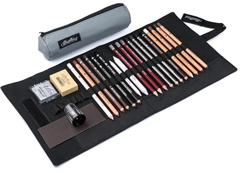 CRETACOLOR Rolletui „Profi-Set“ 24-tlg – Künstlerstifte, Graphit, AquaGraph, Kreide, Kohle & Zubehör – Zeichen-Set für Skizzieren, Schattieren & Aquarell