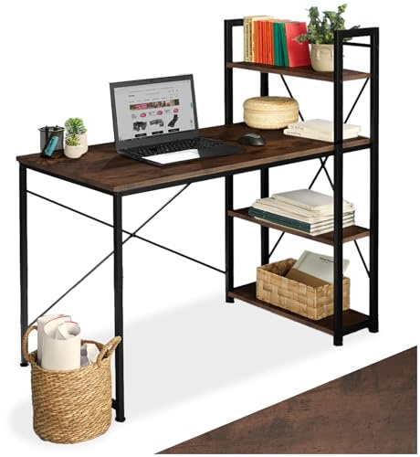 tectake® Scrivania 122x61x120cm, Stile Industriale, Scrivania salvaspazio, tavolo da lavoro, gaming, casa e ufficio, per computer portatile e computer fisso, banco da lavoro 3 ripiani - Legno Scuro