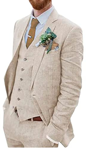 Costume de mariage 3 pièces en lin pour hommes, deux boutons, smoking simple boutonnage, revers en pointe, costume d’affaires, style décontracté