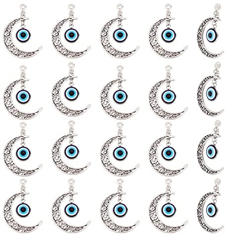 NBEADS 20 Stück Evil Eye Halbmond Charms Anhänger, Tibetischer Stil Legierung Anhänger Ausgehöhlter Mond Charms Anhänger Für Halskette Armband Schmuck DIY Handwerksherstellung