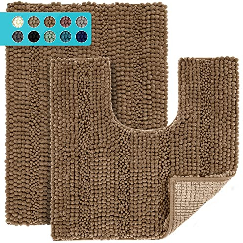 JARITTO 2 Piezas Alfombra Baño Bañera Cocina Ducha Antideslizante Alfombrilla de Baño WC Inodoro Lavable a Máquina Absorbente Microfibra Chenille (43X61cm + Forma de U 51x51cm) - Marrón