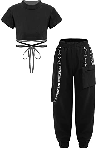 MSemis Tuta da Ginnastica Artistica Danza Jazz Bambina Ragazza Completo Sportivo Due Pezzi Vestito da Ballo di Strada Hip Hop Crop Top e Pantaloni Sportivi Traksuit Dancewear Nero 11-12 anni
