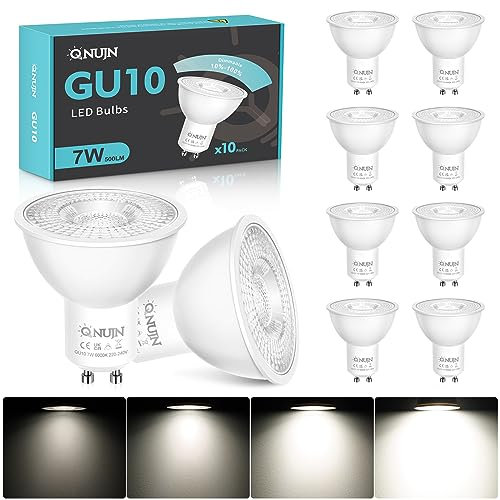 QNUJN GU10 LED Bulbs Dimmable, Cool White 6000K LED Light Bulbs, 7W 500lm Energy Saving GU10 Bulbs, 50W Halogen Spotlight Equivalent, 38° Beam Angle, for Home Lighting Decor -10 Packs (SL-1805G)