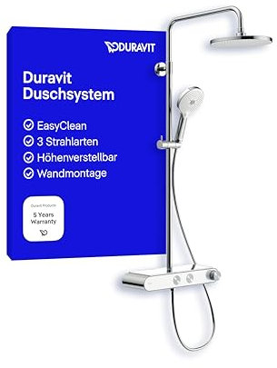 Duravit Duschsystem, Shower System mit 3 Strahlarten (Rain, Pulse, Mono), Kopfbrause im Winkel verstellbar, Duschset reinigungsfreundlich, Duschsystem mit Thermostat, Chrom/Weiß