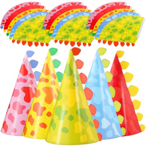 CAXUSD Dinosaur Birthday Party Hats for Kids 30 Pack Cone Hats with Elastic Chin Strap Animal Theme Birthday Hat Props for Kids Party Supplies and Photo Accessories