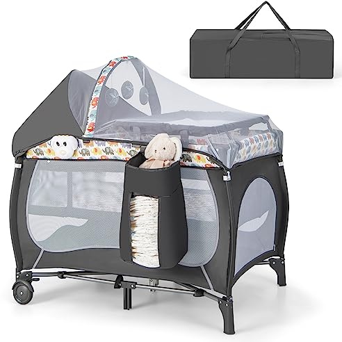 LIFEZEAL Babybett 3 in 1 Faltbar, Reisebett mit Wickelauflage & Moskitonetz, Beistellbett mit Spielbogen & Rollen, Tragbares Kinderreisebett für 0-36 Monaten