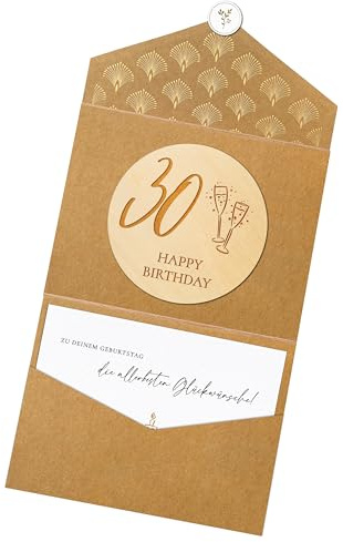 Joli Coon Geburtstagskarte 30, mit Klappkuvert und Siegelaufkleber | Strukturiertes Designerpapier, gravierte Holzscheibe, Natur-Klappkuvert, für persönliche Geburtstagswünsche