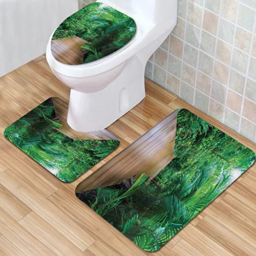 IUBBKI Badematte, Badezimmer-Anti-Rutsch-Matte, Dschungeldeck, Holz, exotische Wildnis, Fußweg, tropische Pflanzen, Ra,Badematten-Set, 3-teilig, saugfähig, rutschfest, Badematte, WC-Vorleger,