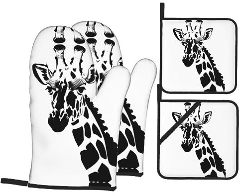 Set di 4 presine e guanti da forno a forma di giraffa, colore bianco e nero, resistenti al calore, per cucinare, grigliare, barbecue