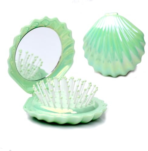 Maji Mama Metallic Shinning Finish Foldable Travel Hair Brushes with Mirror Shell Shape Portable Folding Pocket Hair Brush Mini Hair Comb Compact Size Hair Massage Comb (Green)