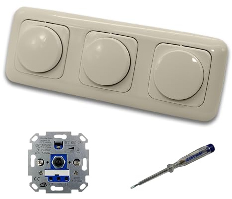 REV Ritter (3 Stück) LED Drehdimmer Dimmer + Busch Jäger Dimmerscheiben 2115-212 in DURO2000 cremeweiß glänzend im 3-fach Rahmen inkl. EBROM Phasenprüfer zur Montage der Geräte ET1 66012B