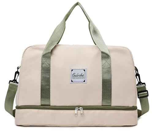 Vllcsla Sporttasche 38.4L Reisetasche Damen Groß, mit Schuhfach & Nasstasche, Fitnesstasche Gym Wasserdicht Schwimm Tasche, Reisetasche Handgepäck Weekender, Leicht, mit Langem Riemen (Weiß)