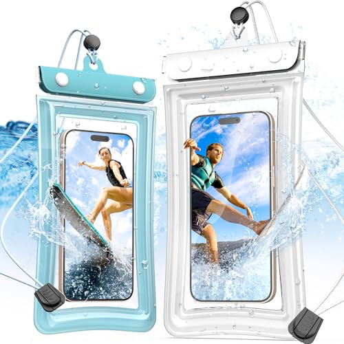 R-fun Custodia Impermeabile per Cellulare 2 Confezioni, Custodia Impermeabile per Cellulare IPX8 da 7 Pollici, Custodia Impermeabile per iPhone 15/14/13/12/11 Pro Max/SE/Samsung Huawei,Blu Bianco
