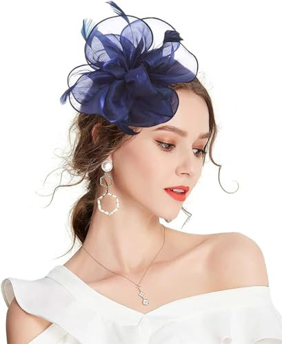Damen-Fascinator aus Organza, Feder-Blume, Derby-Hut, Hochzeit, Pillbox, Hut, Teeparty, Clips, marineblau, Einheitsgröße