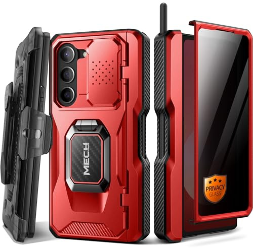 Tongate for Z Fold 6 Case with Ring Stand, Built-in S Pen Holder & Glass Screen Protector Shockproof Rugged Z6 Phone Case with Slide Camera Cover & Belt Clip for Samsung Galaxy Z Fold 6 2024, Red