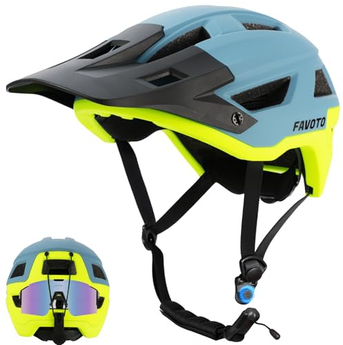 Favoto Casco da Bicicletta Mountain con Visiera - Tecnologia Double Inmould Caschi MTB Ciclismo Leggero per Adulti Certificato CE L 59-61cm Regolabile Blu Verde Fluorescente
