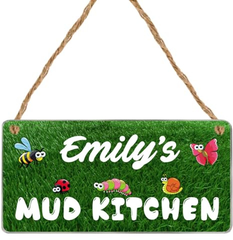 Personalised Kids Mud Kitchen Sign – Custom Name Plaque for Outdoor Play – Acrylic Wall Décor for Garden, Playroom, or Outdoor Mud Kitchen. (Grass with Bugs)