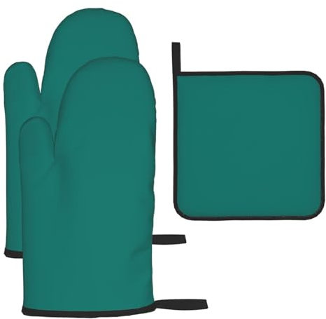 YYHHAOFA Set di 3 guanti da forno resistenti e impermeabili, con presina, anti-scottatura e isolamento termico, con timbro verde scuro