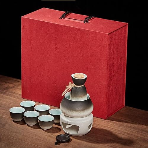 Set per sakè con scaldavivande, set tradizionale per sakè caldo da 9 pezzi, tra cui 1 fornello a candela, 1 tazza riscaldante, 1 pentola per sakè, 6 tazze per sakè, scaldavivande elettrico, 10 pezzi