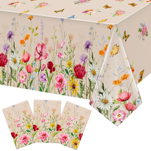 Lemicin 3 Pack Summer Floral Tablecloth Butterfly Wildflower Plastic Disposable Large Size Rectangular Table Cloth for Home Decor Summer Picnic Dining Holiday Birthday Party Decorations 54 x 108 Inch