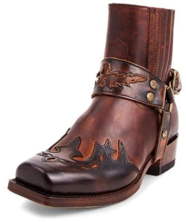 duzhengzhou Stivaletti western da uomo Stivali retrò con cinturino con fibbia Stivaletti corti da cowboy in pelle con punta quadrata Stivali da moto da cowboy(Brown Marron,43)