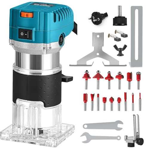 Bois Défonceuse Affleureuse Électrique 800W, Routeur à Bois Électrique 30000r/min, avec 15pcs 1/4 Pinces Bits Affleureuse à Bois Électrique Verticale, pour Travail du bois (B)