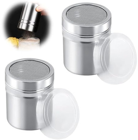 2 Stück Puderzuckerstreuer,Puderzuckermühle,Kakaostreuer,Staubzuckerstreuer,Streuer,Mehlstreuer,Modern,Mühle,Staubzuckermühle,Edelstahl,Pulverstreuer,für Klein mit Deckelkakaopulver,Puderzucker,Shaker