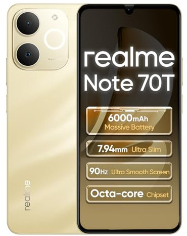 realme Note 70T Smartphone 4G 4+64Go, 6.75 Pouces d'écran, Beach Gold, 90Hz d'affichage, 6000 mAh de Batterie, 32 MP de caméra, Processeur Octa-Core Puissant, Protection ArmorShell, IP54