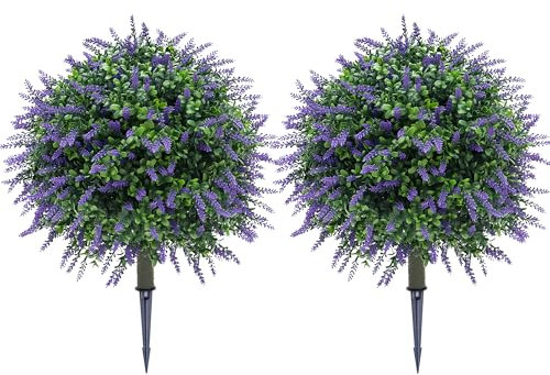 OIHYA Künstliche Buchsbaum-Formschnittkugel mit Lavendel, UV-beständig, immergrün, künstlich, fliederfarben, mit Erdspieß, für Outdoor, Innenbereich, Garten, Hof, Veranda, 2 Stück