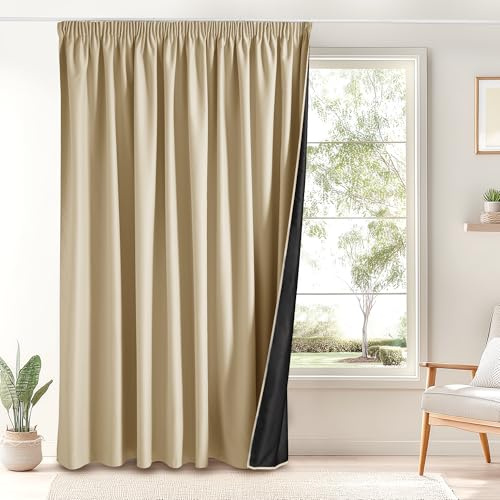 PONY DANCE Verdunkelungsvorhang für Schiene Thermovorhang gegen Hitze | 1er Set H 245 x B 300 cm, Biscotti Beige, 100% Blickdicht, Extra Breite, mit Kräuselband, Vorhänge Wohnzimmer, UV-Schutz
