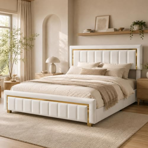DULRLLY Bett mit Stauraum 140x200 Polsterbett mit Bettkasten Jugendbett Bettgestell mit Kopfteil und Lattenrost aus Holz Modern Hydraulisch Stauraumbett Rückenkissen Funktionsbett, Samt (Weiß)