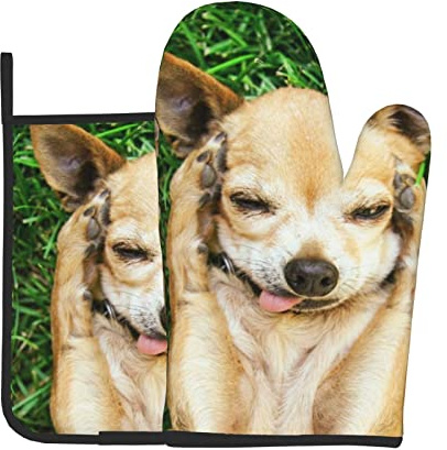 WKSGDSG Oven Mitts Set Of 2, Insulated Kitchen Glove & Hot Pad, Chihuahua Dog Kitchen Gloves Hot Pads, Heat Resistant Oven Mitts Set With Pot Holder, Chef Cooking Baking Gifts For Women Bakers