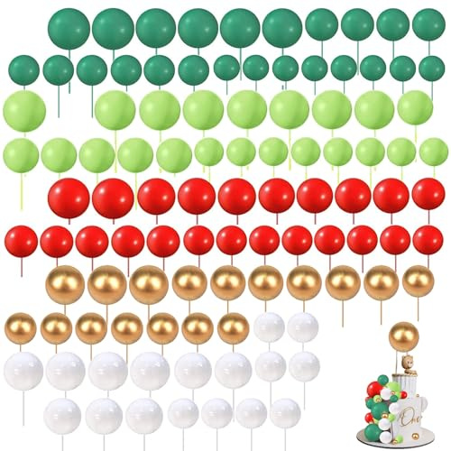 Ball Cake Topper Decorations, 108 Pcs Mini Balloons Cake Topper Sticks, Foam Round Ball Cake Toppers for Wedding Party Birthday Cake Decorating(Dark Green Red Light Green White Gold)