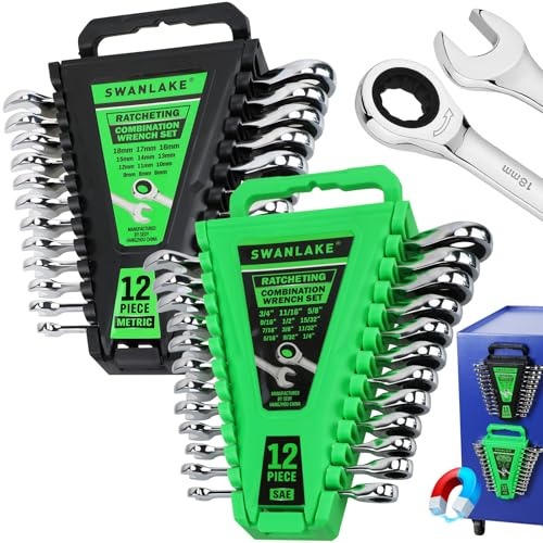 24-Piece Combination Ratchet Wrench Set, Metric (6-18mm) & SAE (1/4''-3/4'') Wrenches Set, 12-Point 72-Tooth Ratchet Spanners with Magnetic Base Organizer, Chrome Vanadium Steel for Auto Mechanic Tool