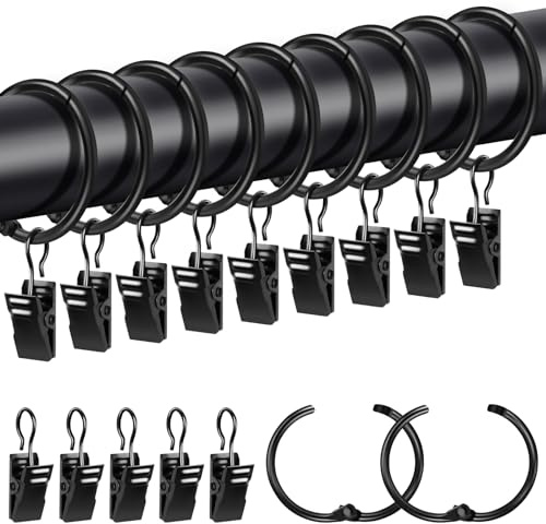 Caianwin 20 anelli per tende con clip, anelli in metallo da aprire, diametro interno 32 mm, ganci per asta, tenda da doccia (nero)