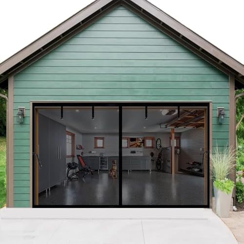 Magnetic Garage Door Screen for 1 Car Garage Doors, Heavy Duty Fiberglass Curtain, Hands Free & Kids Pets Friendly, Weighted Bottom Retractable Garage Patio Screen Mesh (Black, for Door Size 14x12ft)