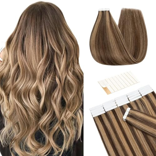TESS Invisible Tape in Hair Extensions Real Human Hair 20PCS Hair Loss Cover or Highlights Reusable Glue Tape Hair Pieces for Women UK #4P27 Medium Brown & Dark Blonde 16 Inch 50g